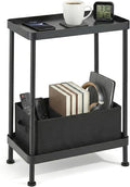 Small Narrow Side Table, 2 Tier End Table with Storage Shelf, Sofa Table for Small Spaces in Living Room, Bedroom, Office, Nightstand or Plant Stand (Black)