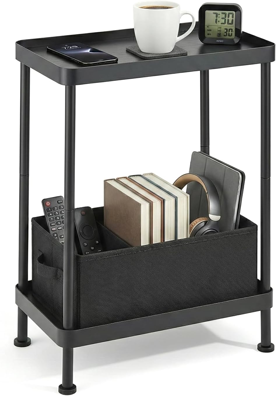 Small Narrow Side Table, 2 Tier End Table with Storage Shelf, Sofa Table for Small Spaces in Living Room, Bedroom, Office, Nightstand or Plant Stand (Black)
