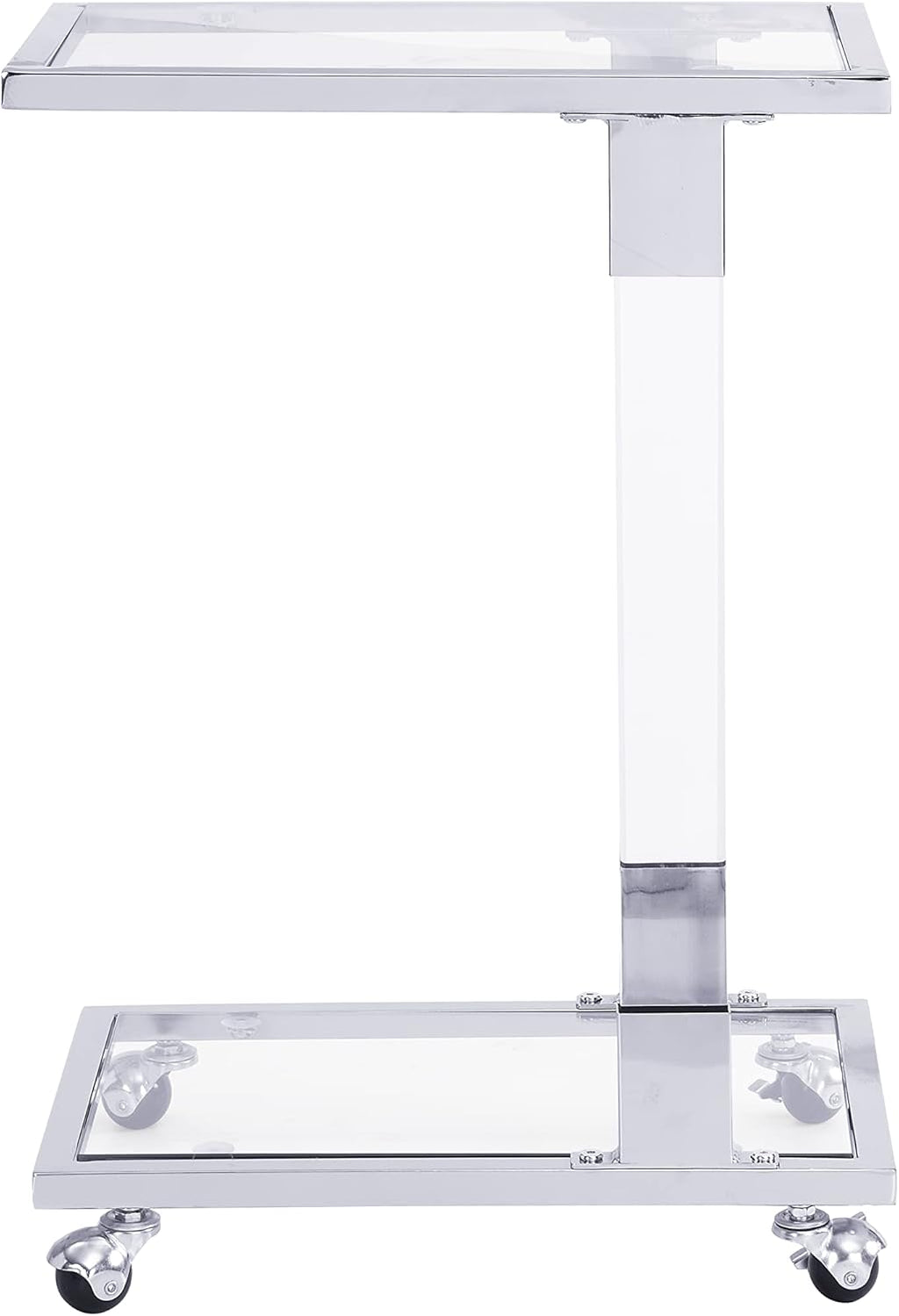 Acrylic Sofa Side Table C Shaped End Table with Wheels, Rolling Bedside Laptop Snack Table with Glass Top,Mobile Breakfast Tray Table with Clear Acrylic Frame