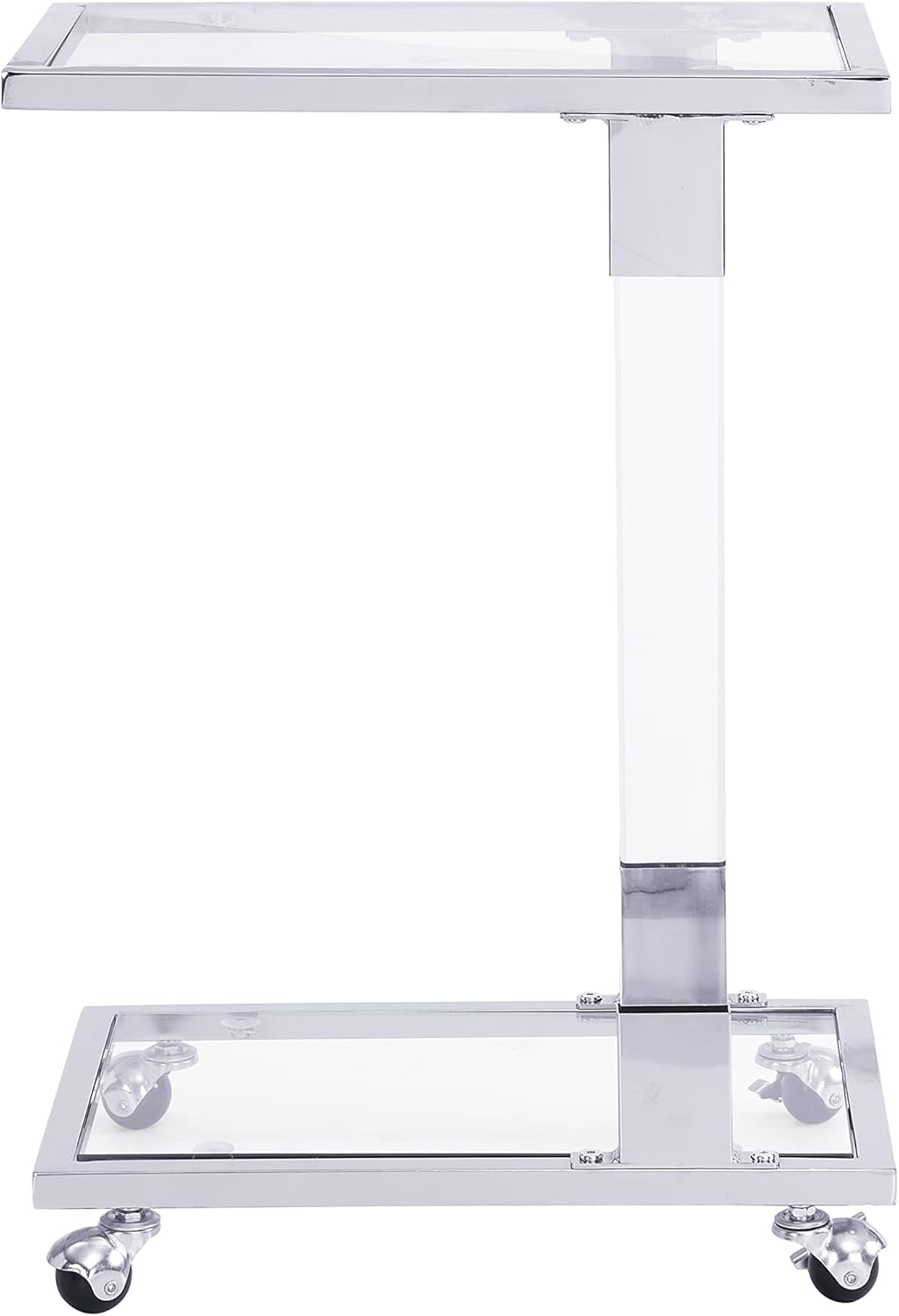 Acrylic Sofa Side Table C Shaped End Table with Wheels, Rolling Bedside Laptop Snack Table with Glass Top,Mobile Breakfast Tray Table with Clear Acrylic Frame