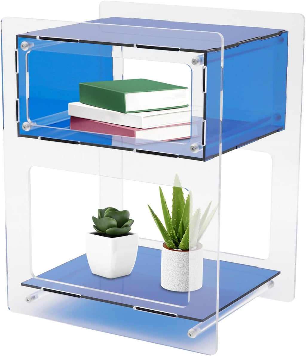 Acrylic Side Table, Acrylic End Table Record Player Table, Bedside Table with Open Storage Shelf, Small Nightstand for Living Room Bedroom Home Decor, 15.7" L x 11.8" W x 19.7" H (Blue)