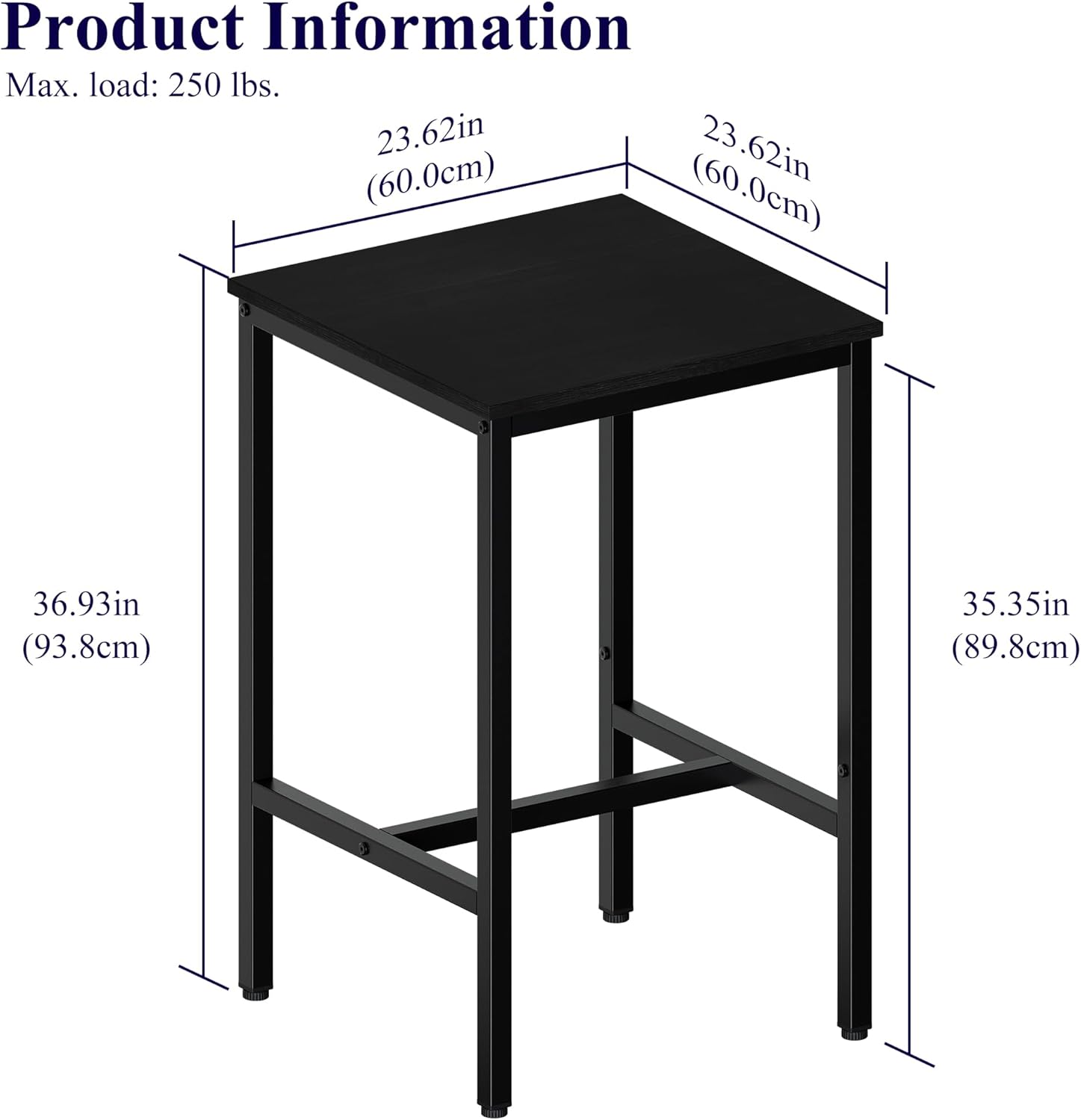 Lutown-Teen Square Bar Table, High Top Table - Industrial Metal Frame for Small Spaces & Narrow Kitchens, 23.6x23.6x36.9 in (LxWxH), Easy Assembly, Black
