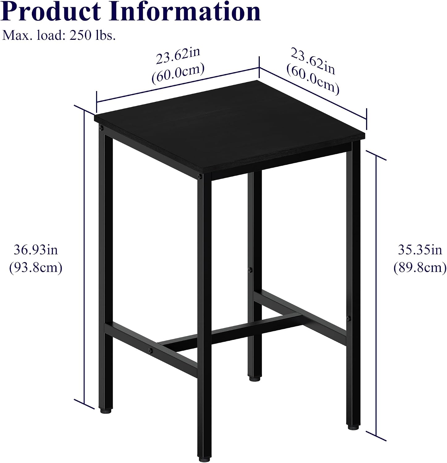 Lutown-Teen Square Bar Table, High Top Table - Industrial Metal Frame for Small Spaces & Narrow Kitchens, 23.6x23.6x36.9 in (LxWxH), Easy Assembly, Black
