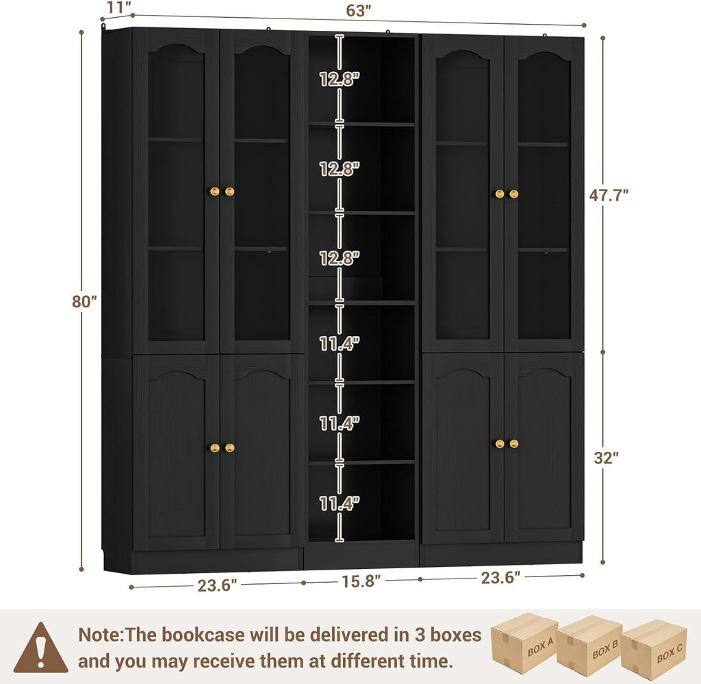 Cyclysio 80" Tall Pantry Cabinet Set of 3, Large Kitchen Storage Cabinet with Arched Glass Doors and Open Shelves, Black Kitchen Pantry with 3.15" Baseboard Cutout for Living Room, Dining Room