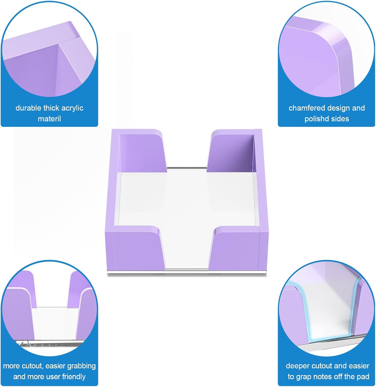 WINFFOR Acrylic Notepad Holder Dispenser - 3x3 in Sticky Note Memo Holder for Desk Organizer (W/O Pads) Office Desk Accessories School Supplies, Purple