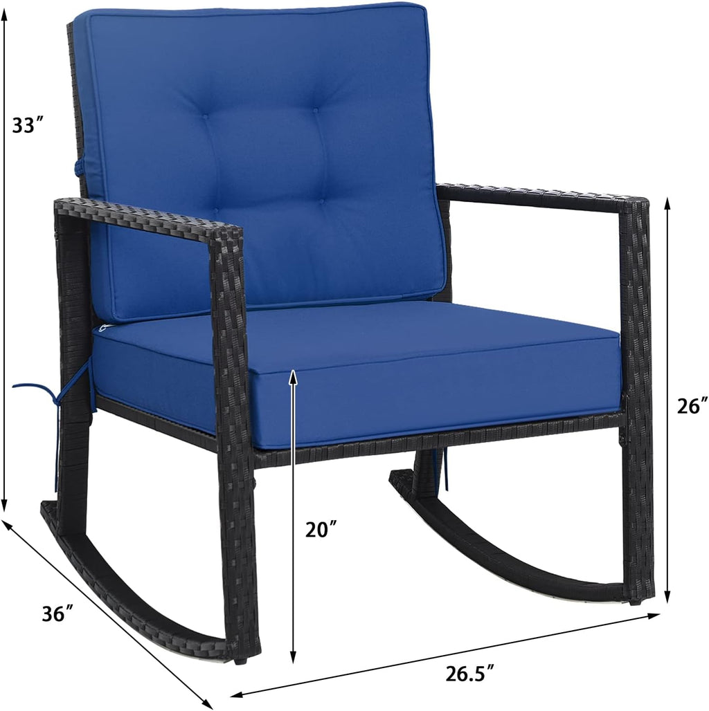 Tangkula Wicker Rocking Chair, Outdoor Glider Rattan Rocker Chair with Heavy-Duty Steel Frame, Patio Wicker Furniture Seat with 5” Thick Cushion for Garden, Porch, Backyard, Poolside (1, Blue)