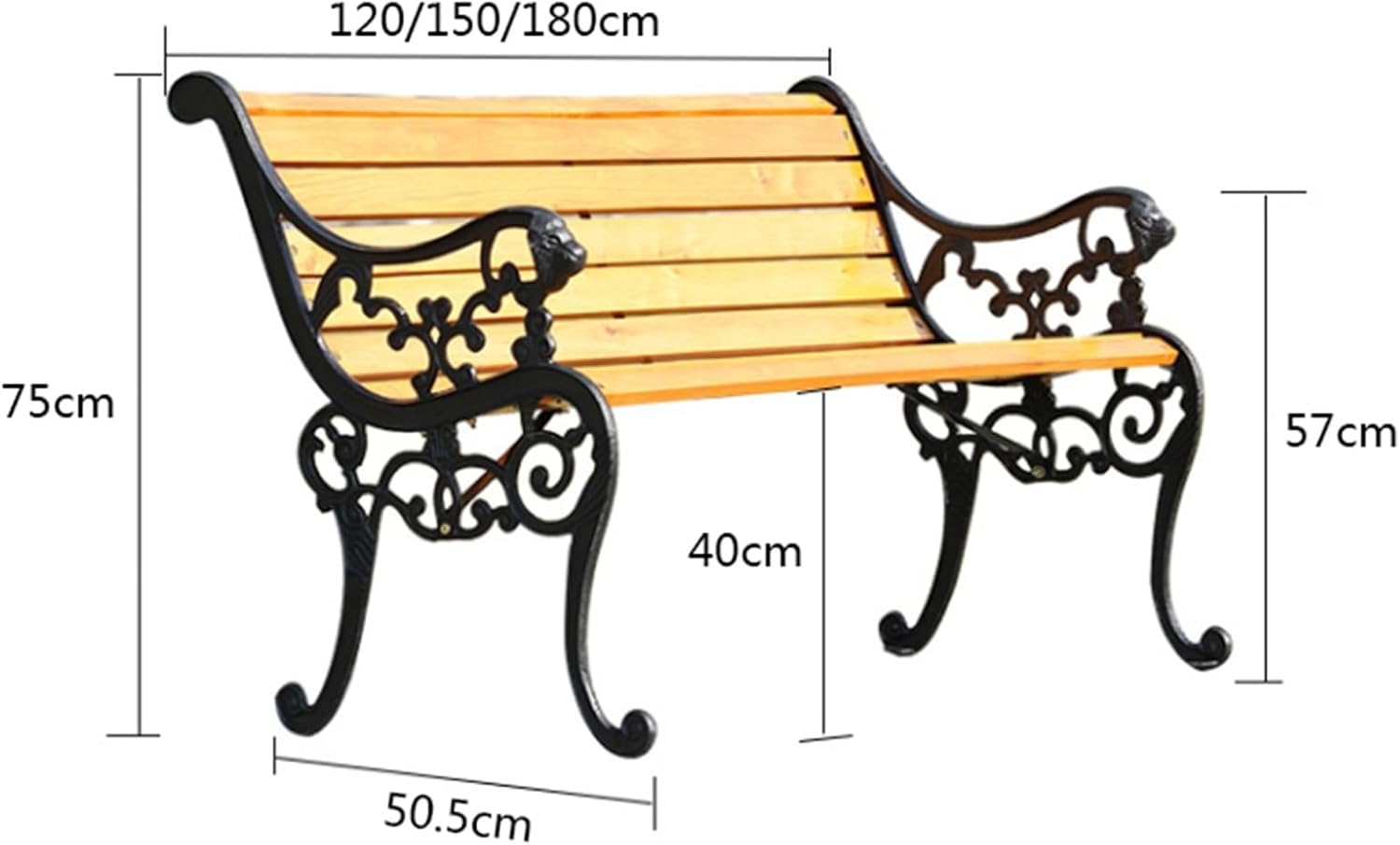 Garden Outdoor Courtyard Garden Leisure Bench, Cast Iron, Suitable for Park Courtyard Porch Balcony Seat(180cm)