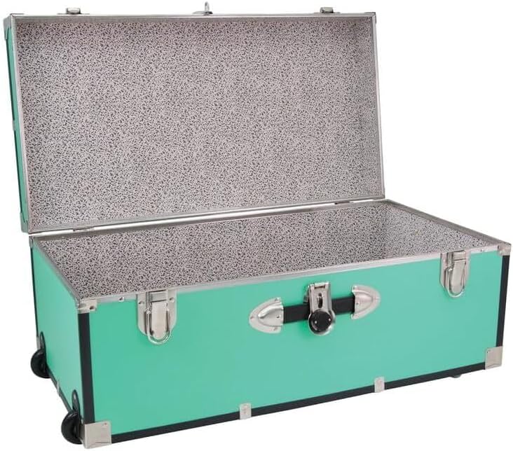 HomeStock Rustic Romance Heavy Duty 30" Under Bed College Storage Trunk with Lock, Latch Closure Type, 15.75" D x 30" W x 12.25" H, Ideal Camp Dorm Room Trunk Footlocker Teal