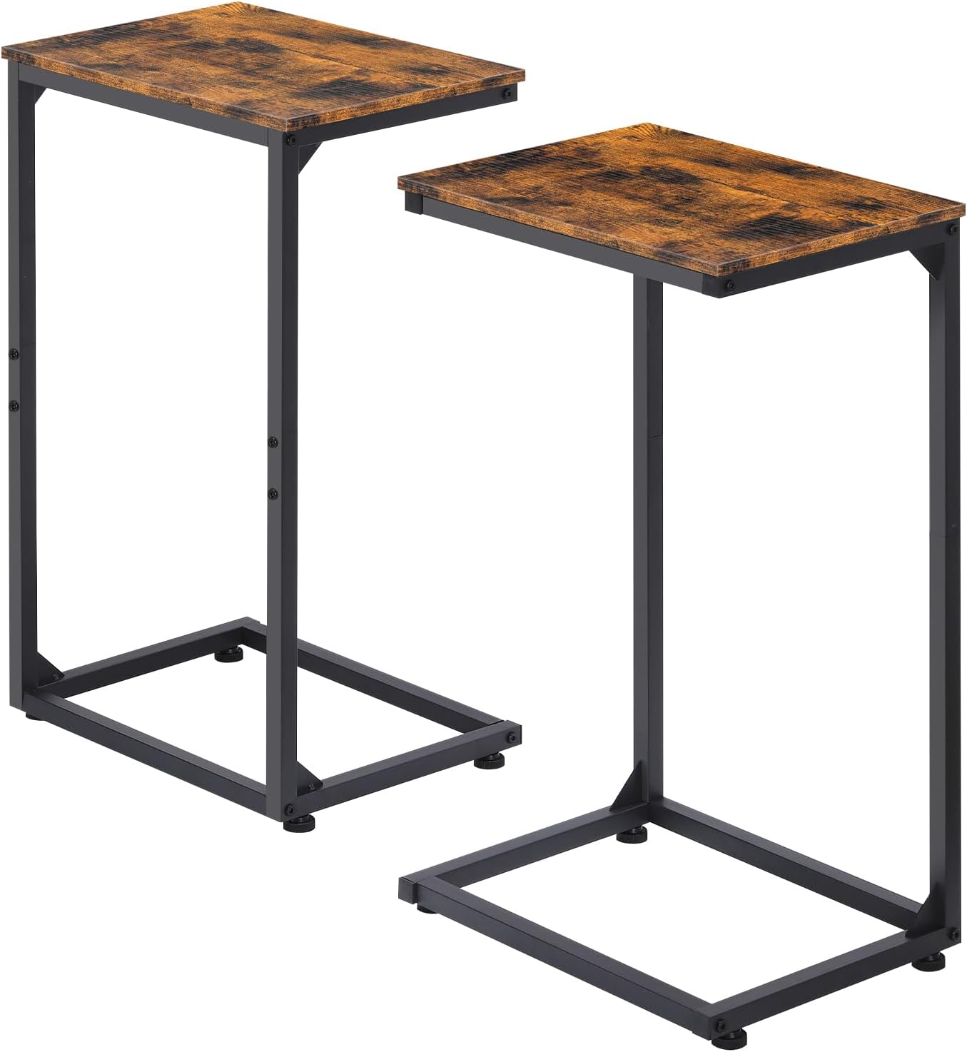C-Shaped Tables,C Shaped End Table Set of 2-Rustic Brown Slide Under Sofa Side Tables with 22lbs Capacity, Space Saving TV Trays for Living Room, Bedroom & Small Spaces,Metal Frame Industrial
