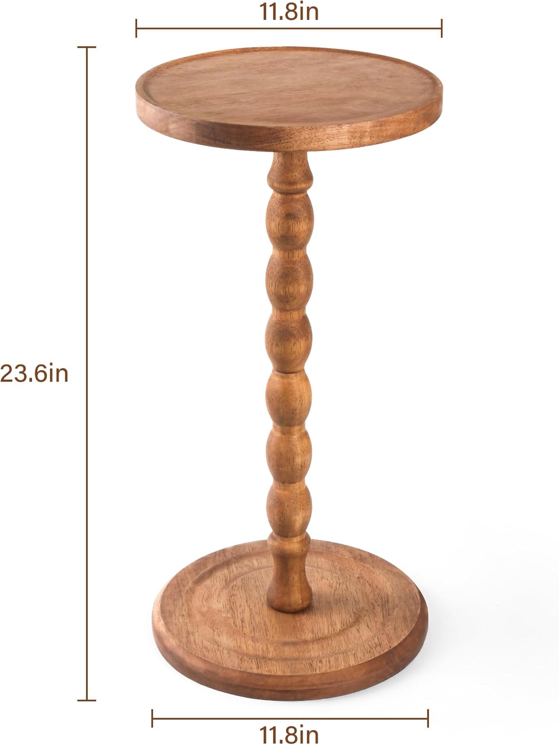 Round Side Table, Rubberwood Small Drink Table, Solid Wood Coffee Table with Pedestal Accent for Small Spaces in Living Room, Bedroom, Sofa Couch, Corners (Brown, Round)
