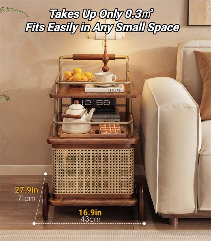 Solid Wood Mobile Side Table with Wheels, Rolling End Table with Storage Shelf, Vintage Couch Table for Living Room Bedroom Small Spaces