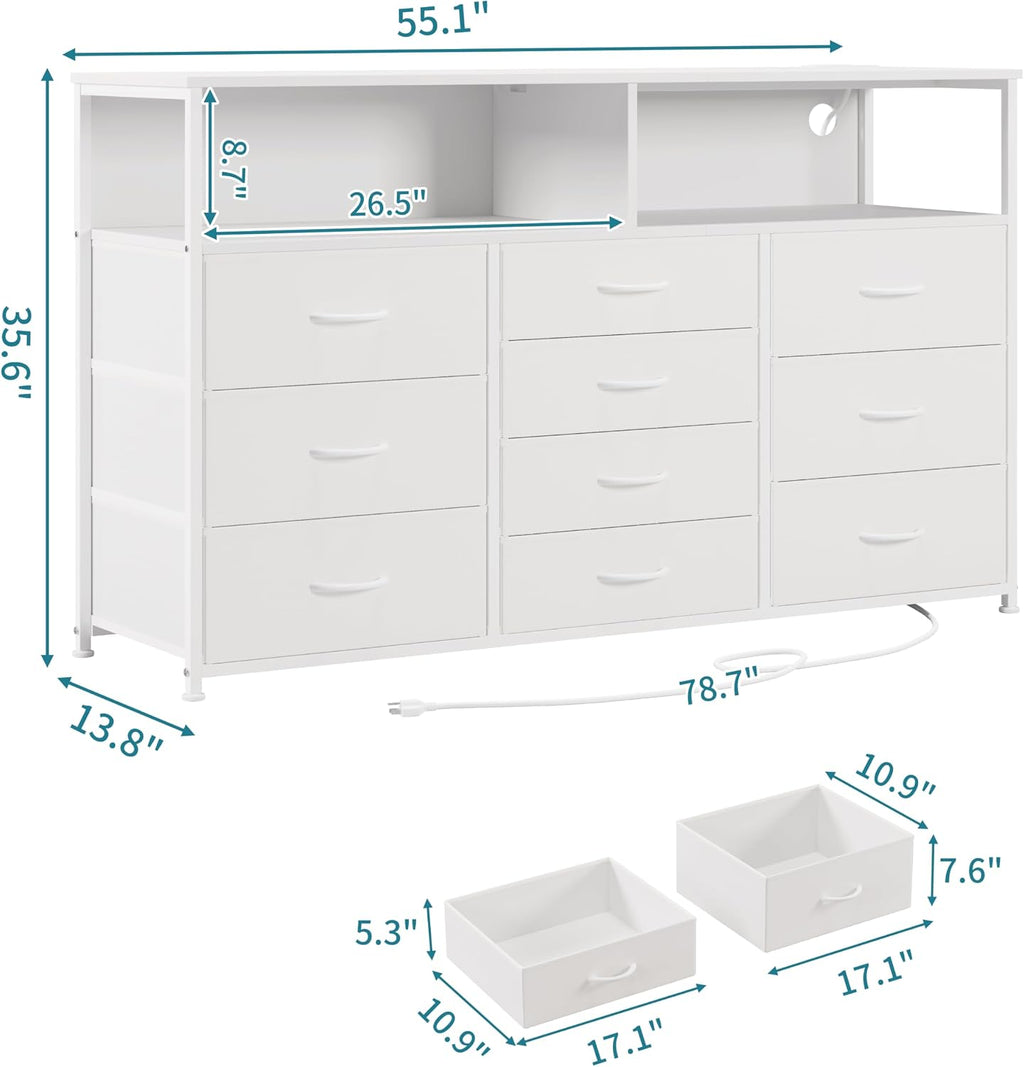 Unionly 55" W 10 Drawers Dresser with LED,Dresser tv Stand for Bedroom | TV stand dresser with LED light,charging station for 55,65 inch TV,Fabric Drawers Dresser with Open shelves for living room