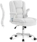 SEATZONE White Plush Office Chair Ergonomic Desk Chair with Lumbar Support, Flip-Up Arms, Adjustable Swivel Computer Chair with Wheels, Soft Fleece Cute Office Chair for Home Bedroom Vanity