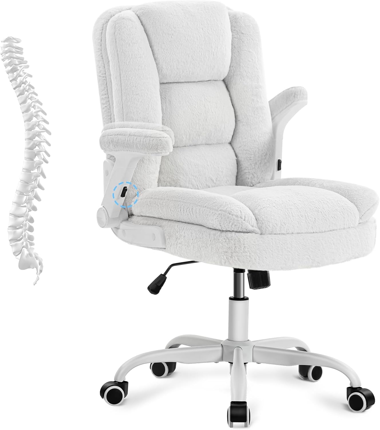 SEATZONE White Plush Office Chair Ergonomic Desk Chair with Lumbar Support, Flip-Up Arms, Adjustable Swivel Computer Chair with Wheels, Soft Fleece Cute Office Chair for Home Bedroom Vanity