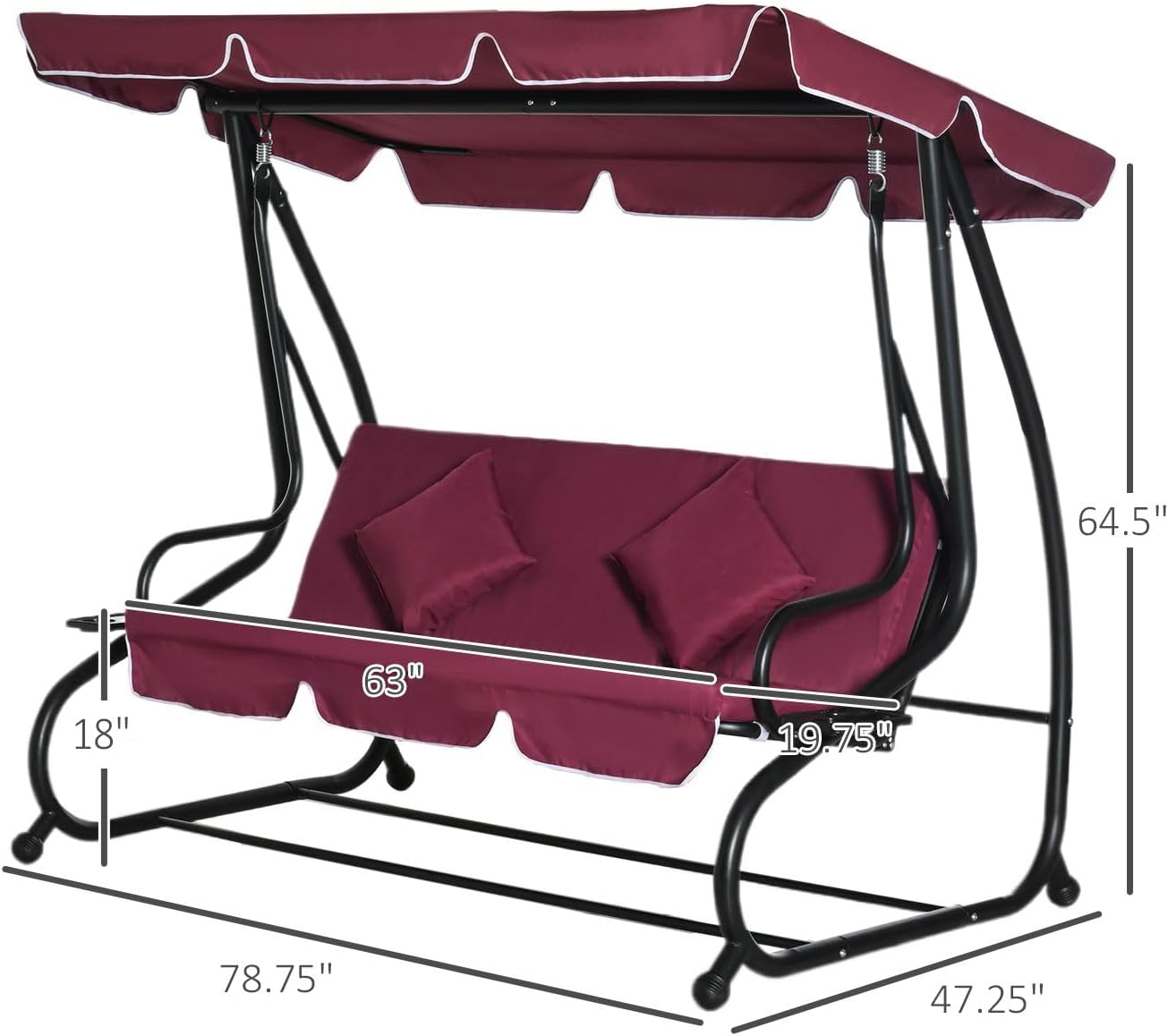 3-Person Outdoor Porch Swing Bed with Canopy and Cup Holders