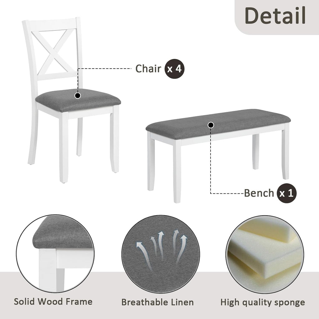Bellemave 6-Piece Dining Table Set for 6 Rectangular Kitchen Table Set with 4 Dining Chairs and Bench, 6 Person Dining Room Set for Kitchen, Dining Room (White+Gray)