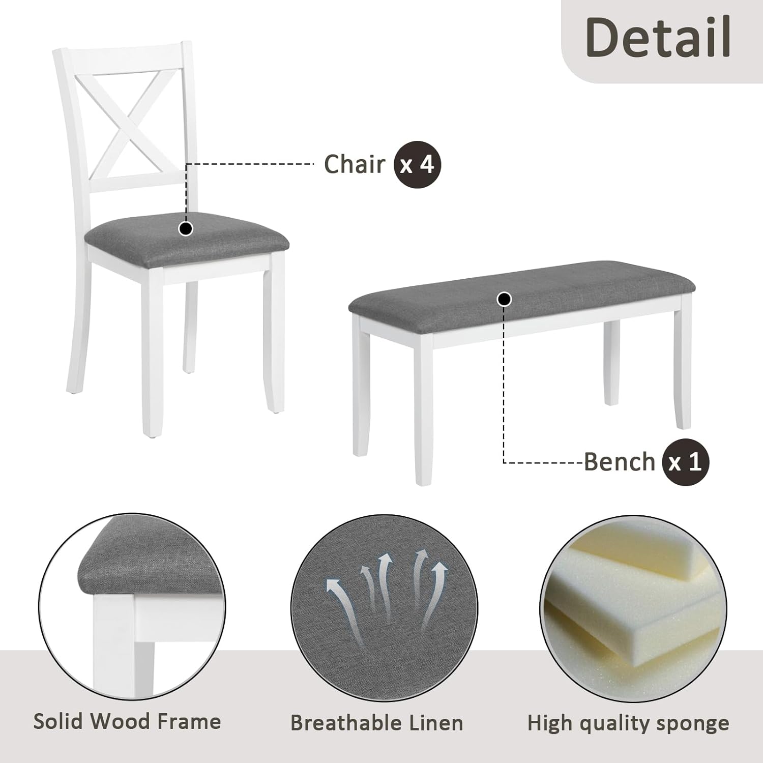 Bellemave 6-Piece Dining Table Set for 6 Rectangular Kitchen Table Set with 4 Dining Chairs and Bench, 6 Person Dining Room Set for Kitchen, Dining Room (White+Gray)