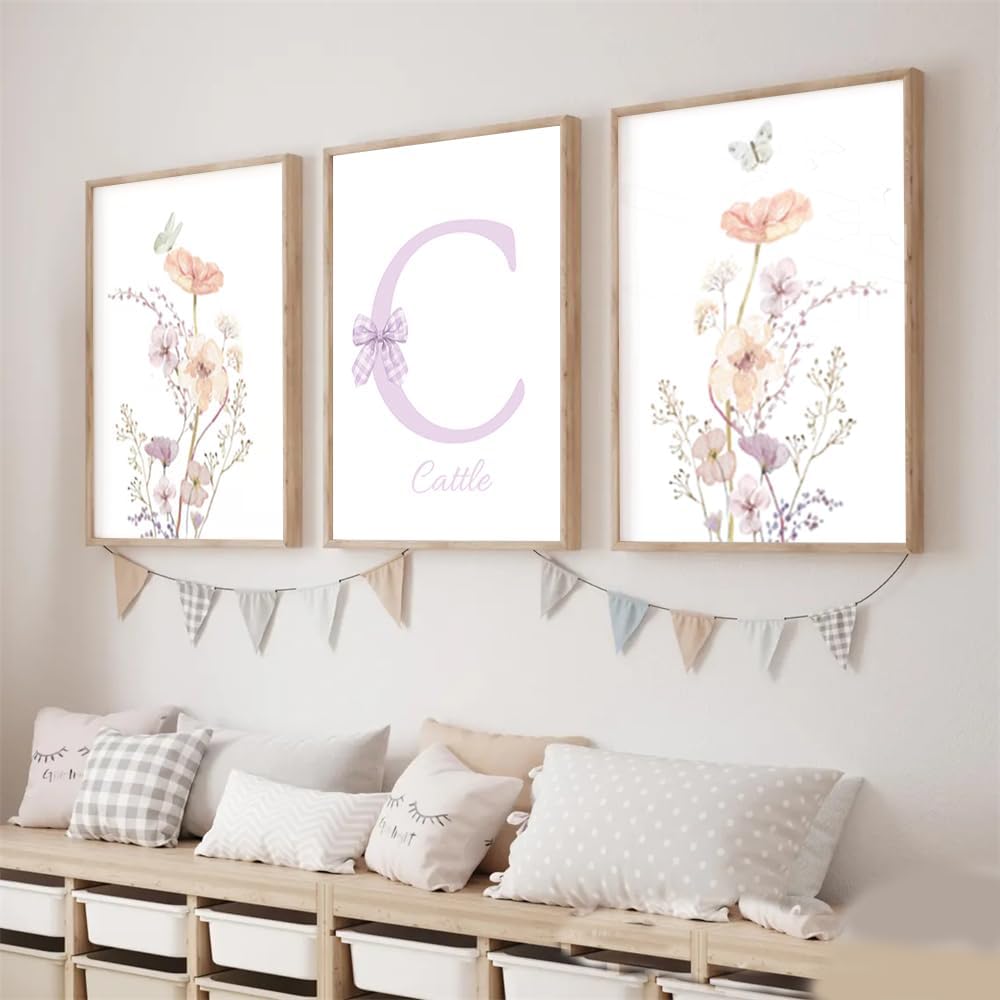 NATVVA Custom Wildflowers Wall Art Poster Set Of 3 Personalised Initial Name Sign Canvas Art Prints Painting Picture Artwork Home Baby Girl Nursery Decoration No Frame