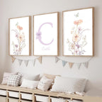 NATVVA Custom Wildflowers Wall Art Poster Set Of 3 Personalised Initial Name Sign Canvas Art Prints Painting Picture Artwork Home Baby Girl Nursery Decoration No Frame