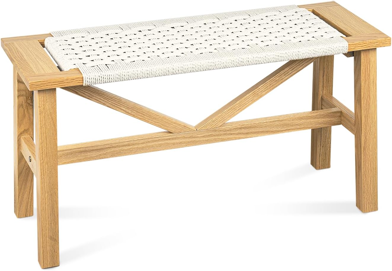 Solid Wood Narrow Bench, 33.46" Woven Bench for Entryway and Hallway, End of Bed Bench with Oak Frame, Boho Accent Bench - 500lbs Capacity (Natural Beige)