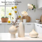 White Ceramic Vase Set of 3 in Beige, Modern Aesthetic Stone-Look Textured Pottery Vases for Shelf & Bookshelf Home Decor, Neutral Minimalist Decorative Vases for Flowers & Pampas Grass