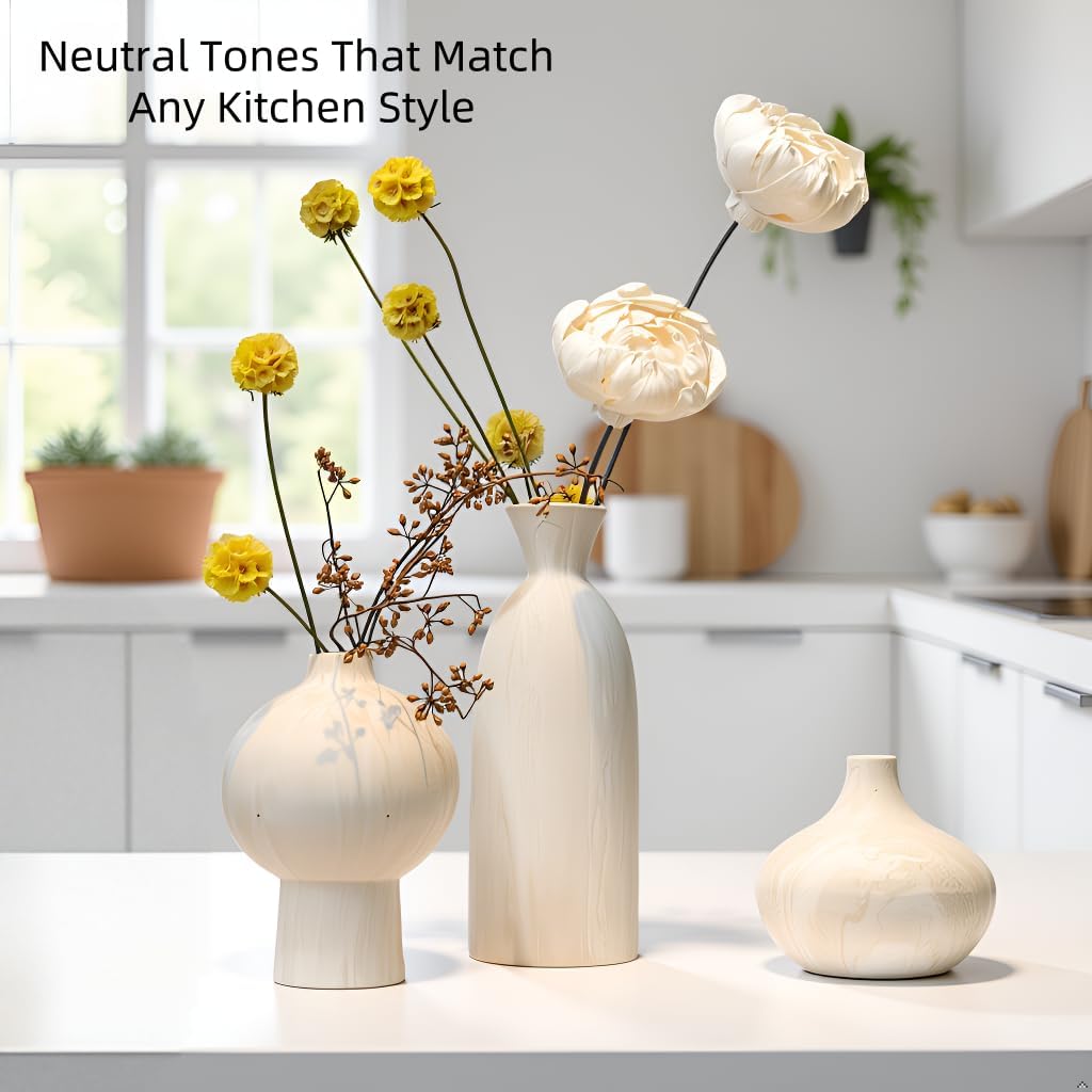 White Ceramic Vase Set of 3 in Beige, Modern Aesthetic Stone-Look Textured Pottery Vases for Shelf & Bookshelf Home Decor, Neutral Minimalist Decorative Vases for Flowers & Pampas Grass