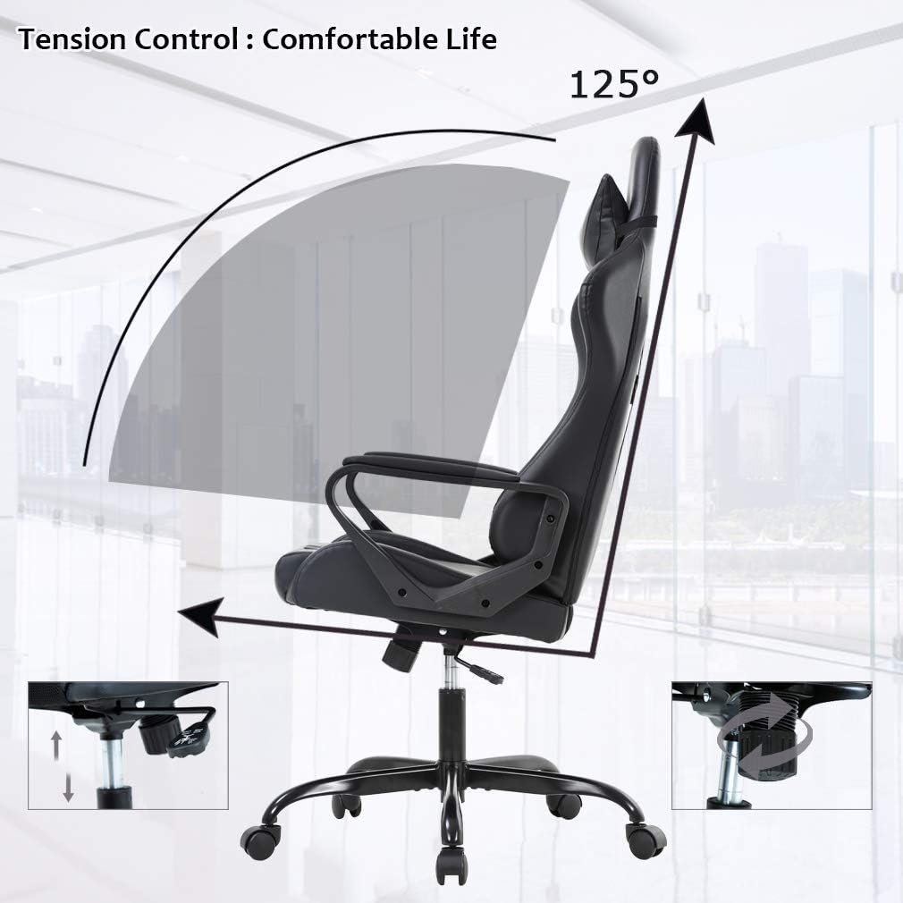 High Back Gaming Chair Ergonomic Racing Heavy Duty Office Chair Pc Video Game Chair, Lumbar Support with Arms & Headrest Chic Racing Style Desk Chair, Swivel Adjustable Best Home Office Chair - Black