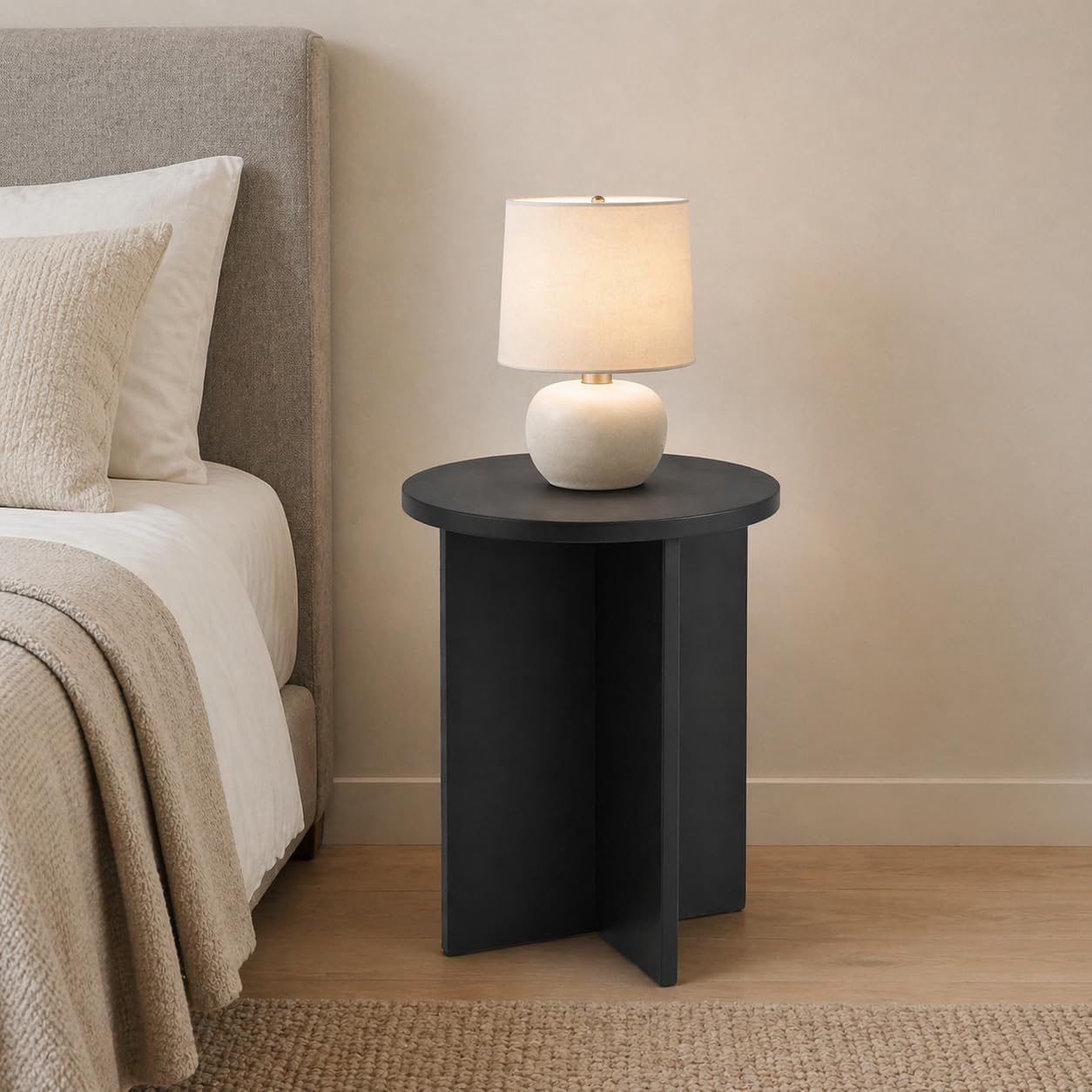 Black Round Side Table, Solid Rubber Wood Small End Table, 15.7" D | 19.7"H accent table for living room, bedroom, small spaces, sofa side or bedside; compact round top with stable cross base
