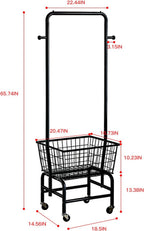 Rolling Laundry Cart with Hanging Rack Metal Laundry Basket with Wheels Laundry Hamper with Storage Basket and Shelf for Laundry Room Organization Black