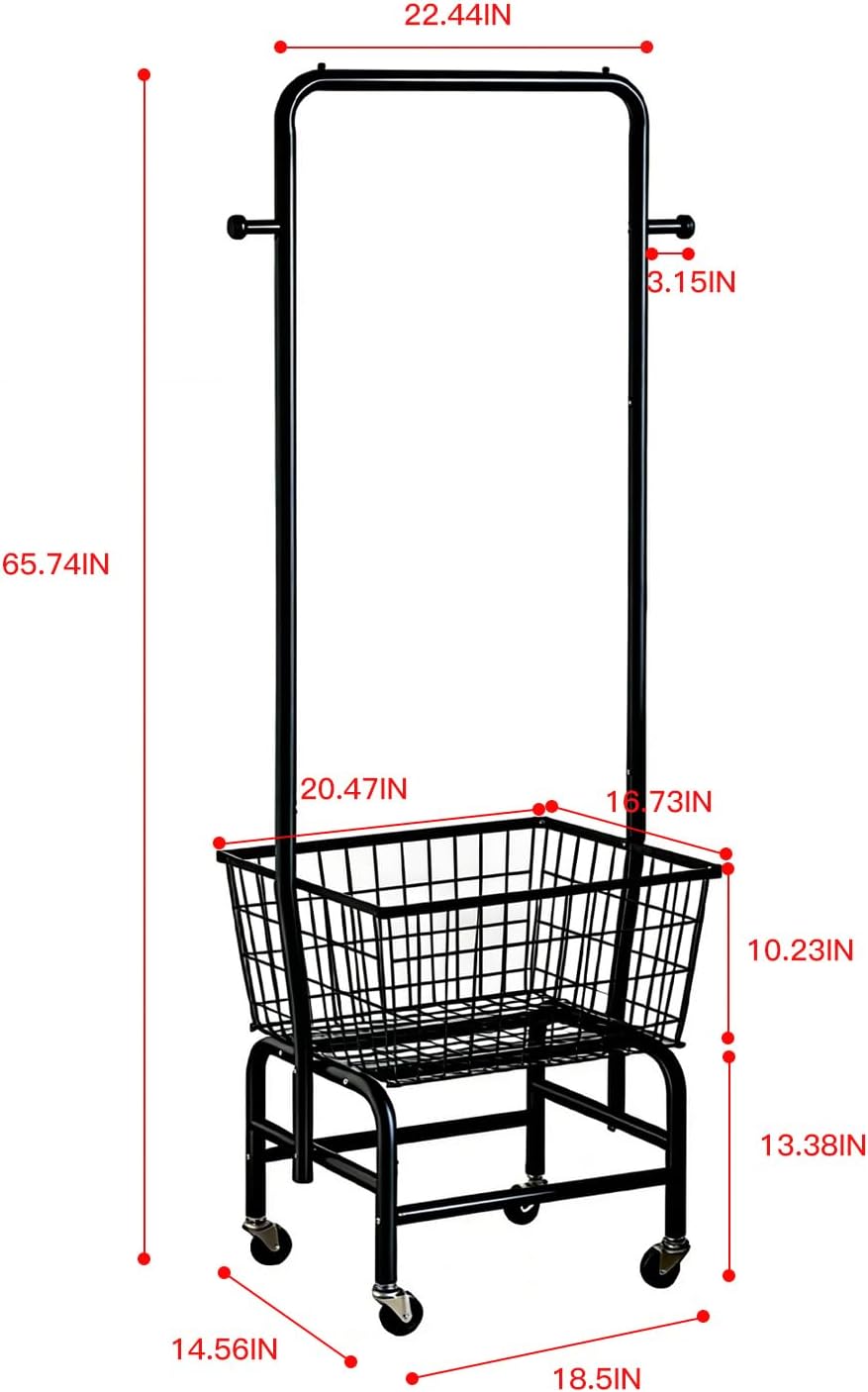 Rolling Laundry Cart with Hanging Rack Metal Laundry Basket with Wheels Laundry Hamper with Storage Basket and Shelf for Laundry Room Organization Black