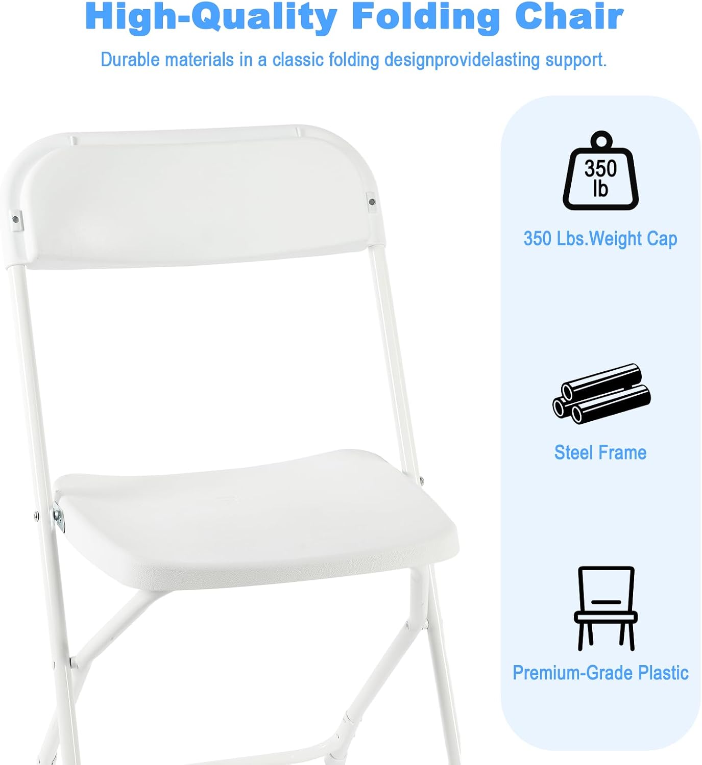 White Folding Chairs 12 Pack, Plastic Folding Chair for Outside, Indoor Outdoor Portable Commercial Seat with Steel Frame, Foldable Chairs for Party Events Wedding Office, 350LBS Capacity