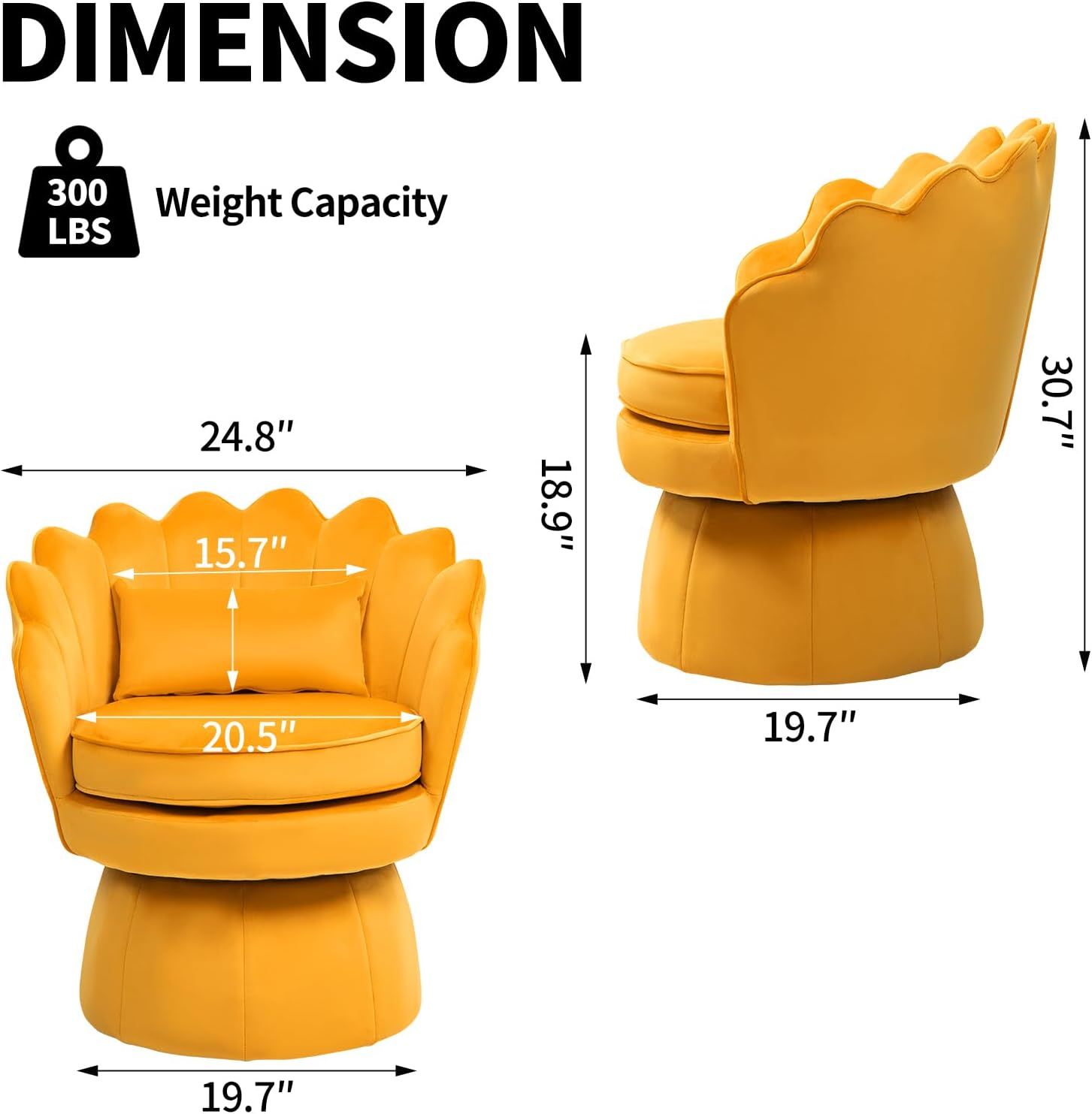 ZJhome Swivel Accent Chairs, 360° Mid-Century Modern Velvet Barrel Chair, Comfy Shell Shape Arm Chair with Lumbar Pillow for Living Room, Bedroom, Office,Dark Yellow, Set of 1
