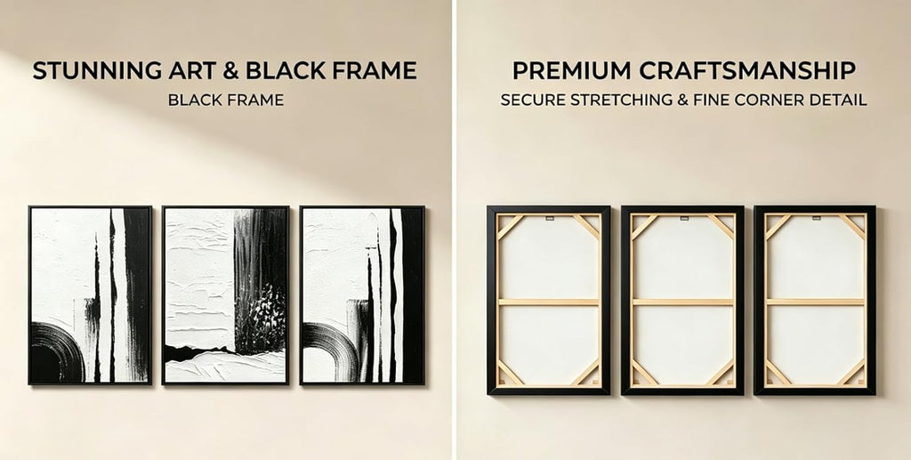 Black and White Textured Abstract Wall Art for Living Room, 3 Piece Framed Modern Artwork for Walls, Hand Painted Minimalist 3D Oil Paintings for Hallway Office Wall Decor 24x48 In