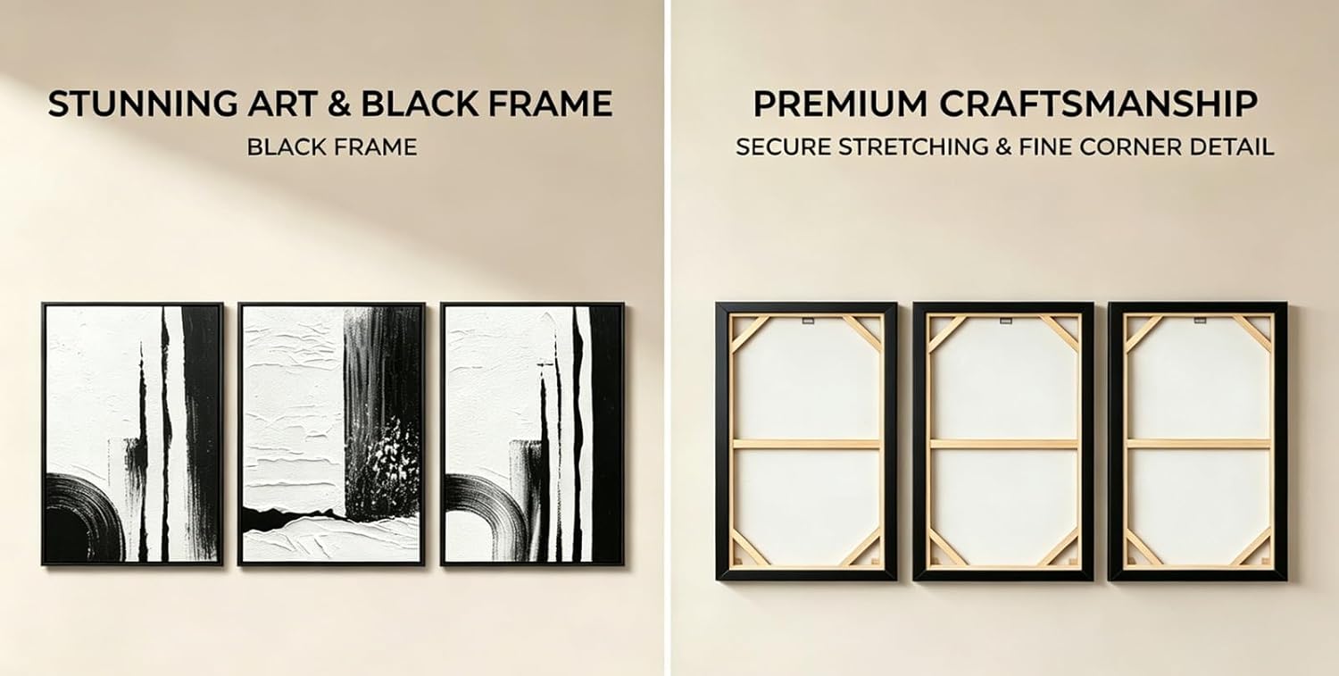 Black and White Textured Abstract Wall Art for Living Room, 3 Piece Framed Modern Artwork for Walls, Hand Painted Minimalist 3D Oil Paintings for Hallway Office Wall Decor 24x48 In