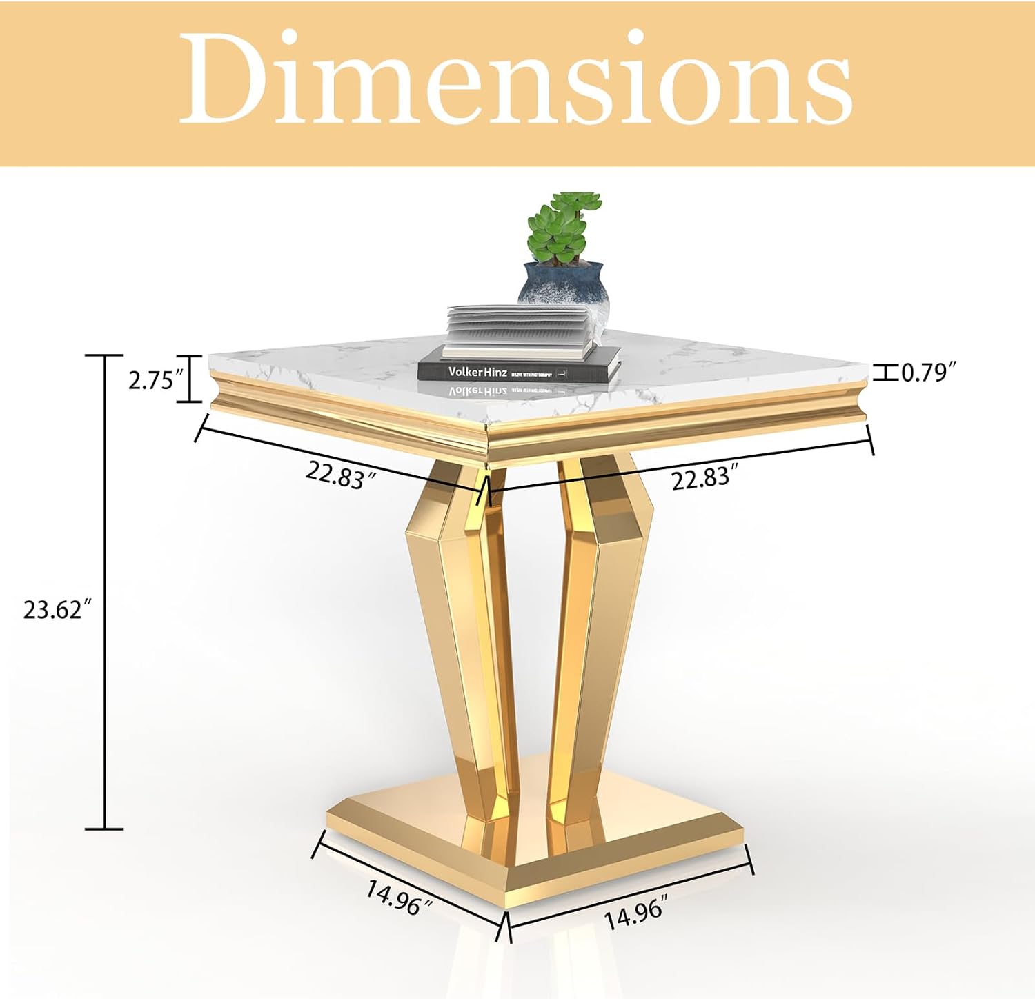 Faux Marble End Table, Modern 23" Square Side Table with Marble Tabletop and Diamond-Shape Stainless Steel Base for Living Room, Bedroom (White,Gold)