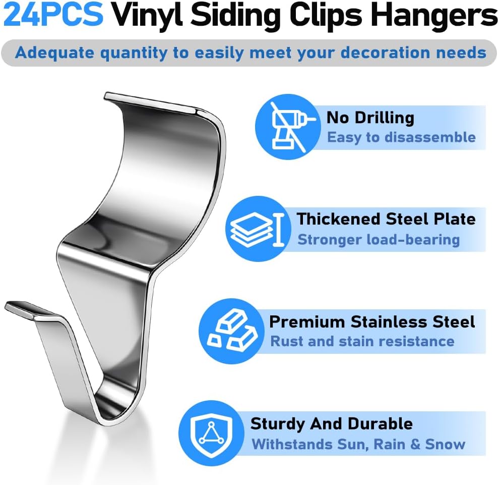 24PCS Vinyl Siding Hook, Thicken Stainless Steel Vinyl Siding Clips Hangers, Heavy-Duty No Drill Vinyl Hook for Outdoor Decor, Hanging on Patio, Christmas Wreath Hangers