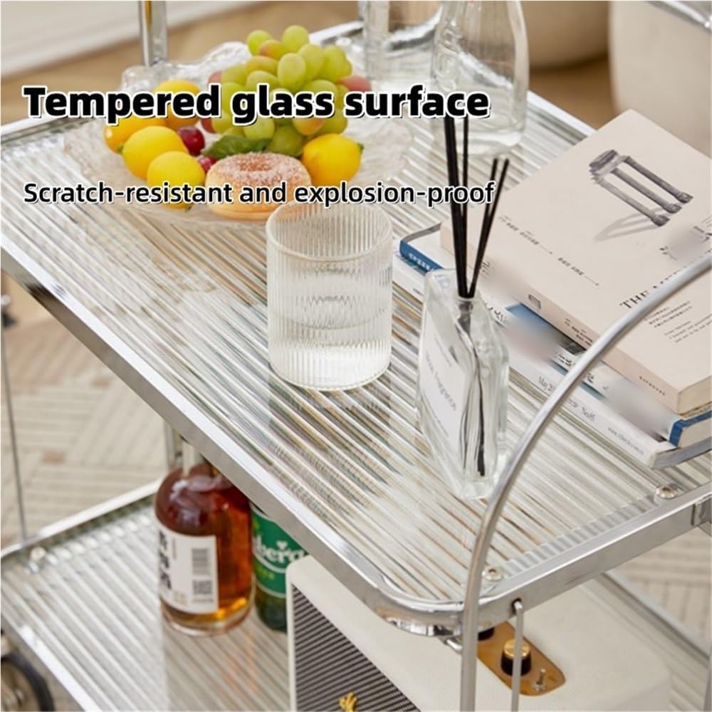 Folding Side Table with Tempered Glass Top, Double Layer Minimalist Rolling Cart, End Table with Wheels, Utility Cart for Dining Room, Living Room and Bedroom