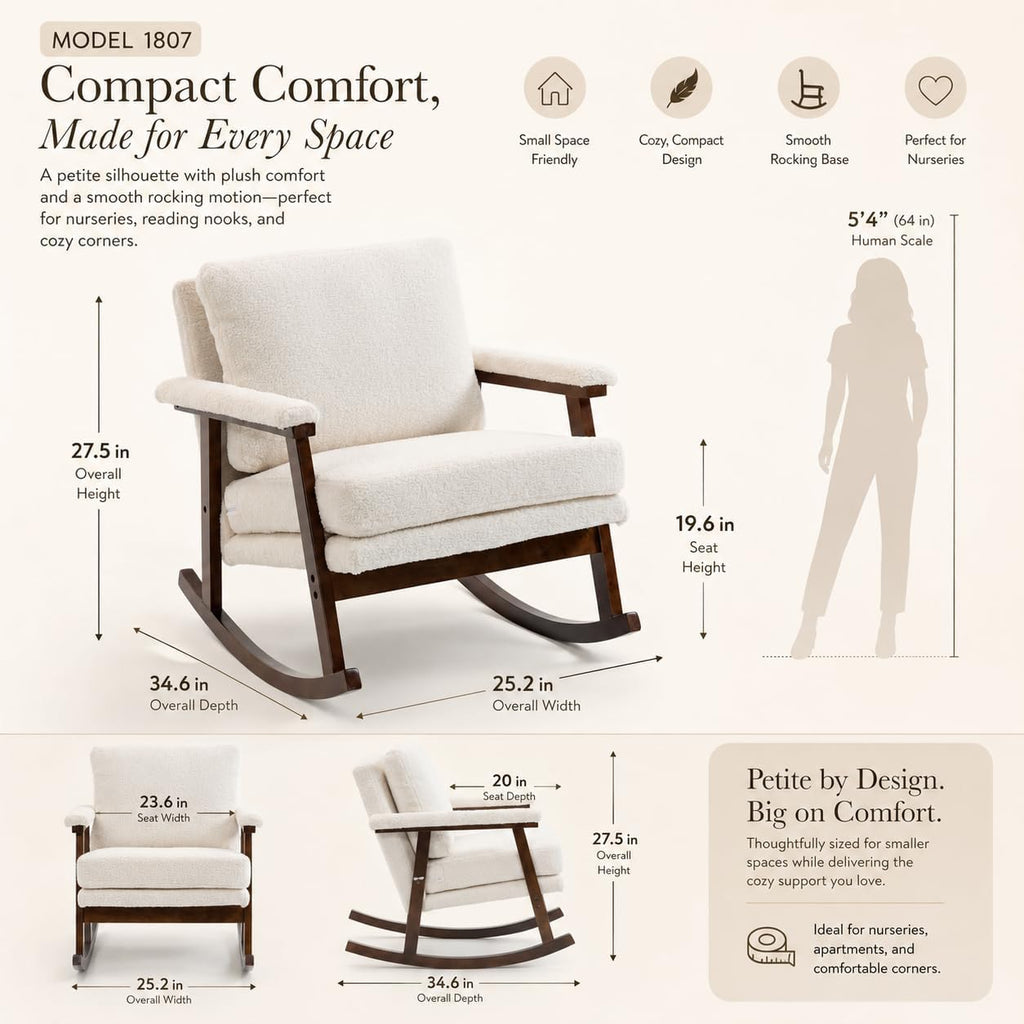 Nursery Rocking Chair, Compact Upholstered Rocker with Solid Wood Legs, Cozy Nursing Glider Chair for Mom, Small Space Chair for Nursery, Bedroom，White