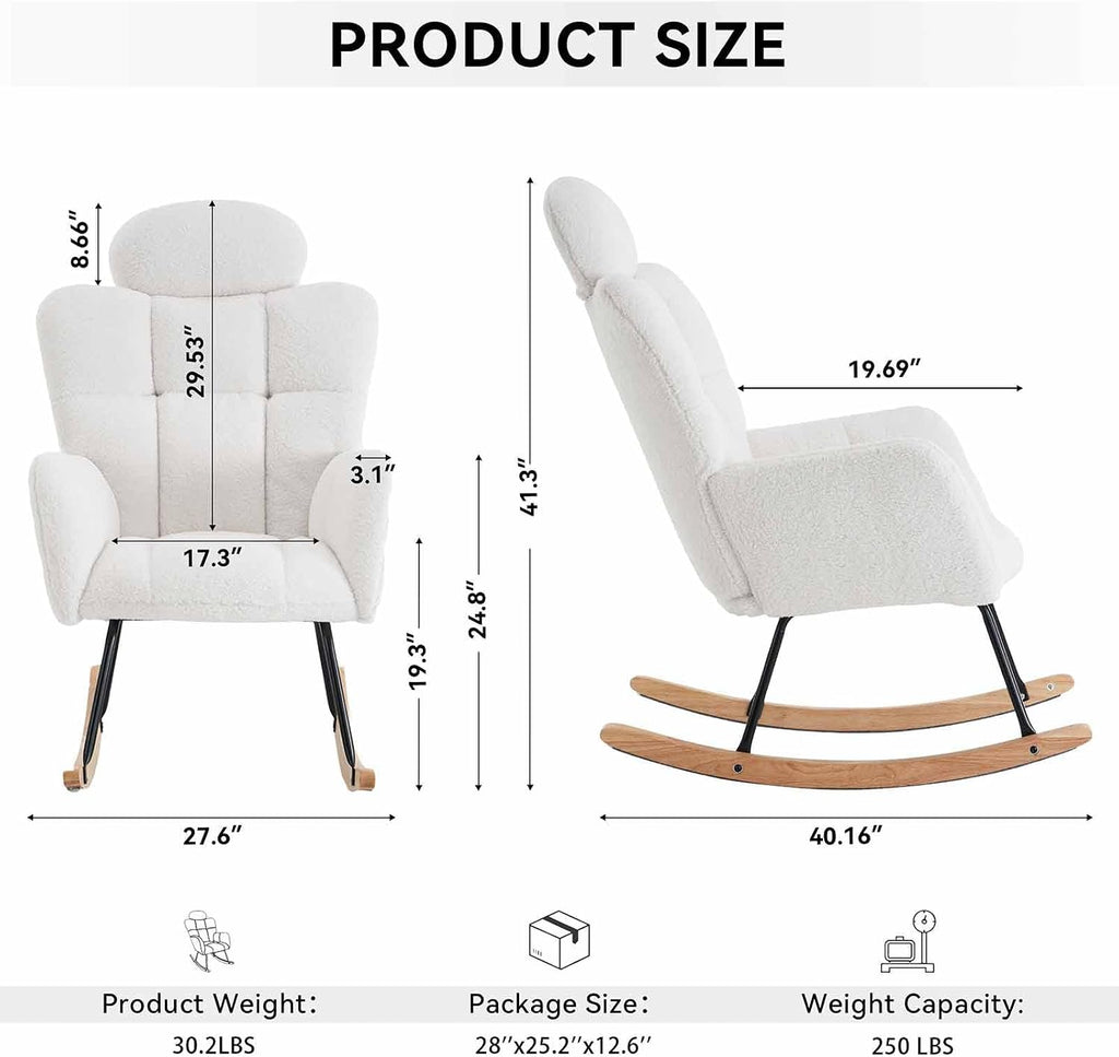 Nursery Rocking Chair - Teddy Fabric Upholstered Glider Rocking Chair with High Backrest & Pillow for Living Room & Bedroom - Easy Assembly Wood/Metal Base (Ivory)