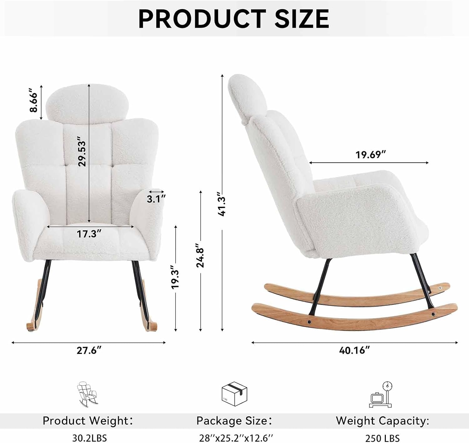 Nursery Rocking Chair - Teddy Fabric Upholstered Glider Rocking Chair with High Backrest & Pillow for Living Room & Bedroom - Easy Assembly Wood/Metal Base (Ivory)