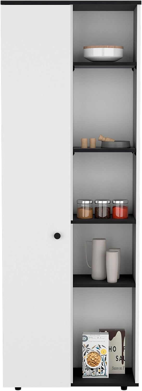 Compact 67" Kitchen Storage Cabinet, 10 Shelves, White & Black, Pantry Organizer