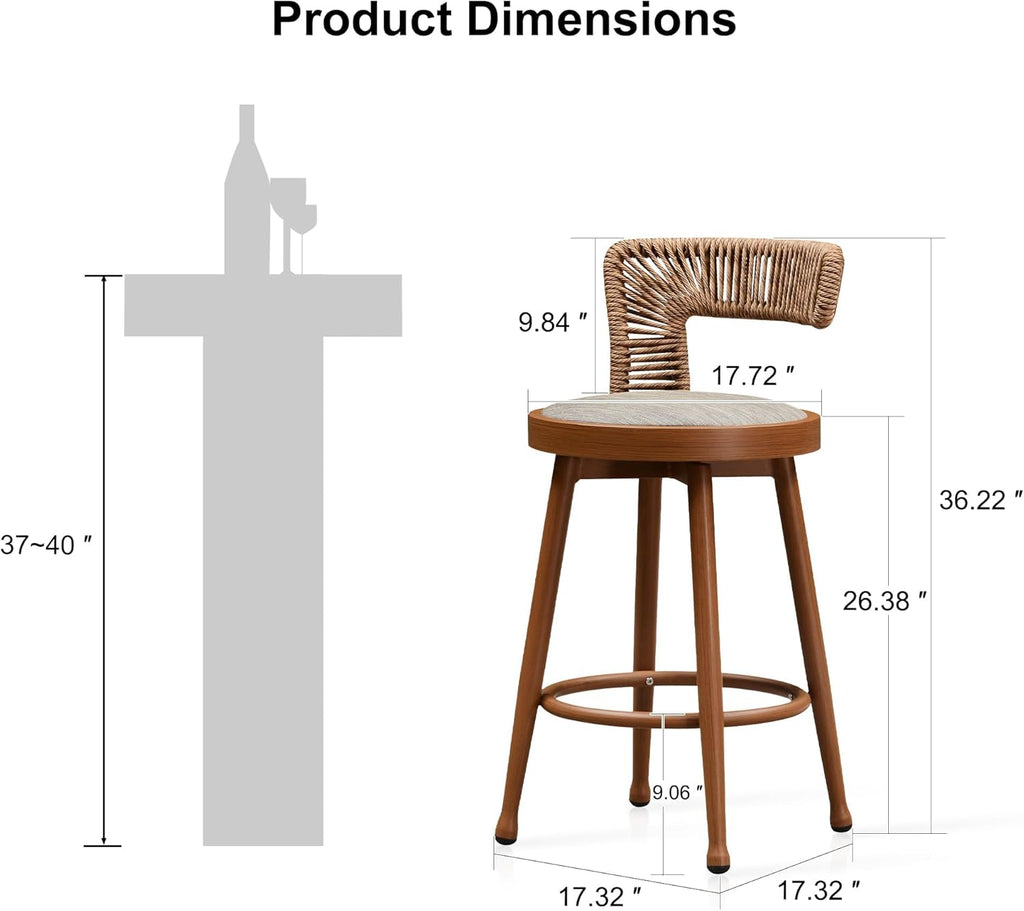 PURPLE LEAF Outdoor Swivel Counter Height Stools Set of 4 Metal Modern Rattan Bar Chairs with Backrest Aluminum Woven Barstools with Cushions for Kitchen Balcony Garden Indoor Teak