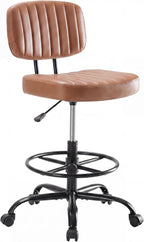 DUMOS Armless Drafting Chair, Low Back Office Seat with Adjustable Footrest Ring for Standing Desk, Ergonomic PU Leather Office Seating, Swivel Rolling High Stool for Studio, Lab, Counter, Brown