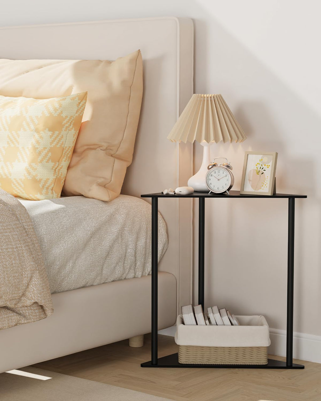 Yawinhe Metal Side Table,Triangle End Table with 2-Tier Storage Shelves,Triangular Nightstand Bedside Table for Small Spaces,Small Triangle Coffee Table for Living Rooms,Bedrooms,Black, SZJ202B-1