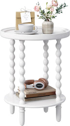 Round Side Table with Storage Shelf, 2 Tier Accent End Table with Spindle Legs, Modern Nightstand Beside Table for Living Room, Bedroom, Office, White