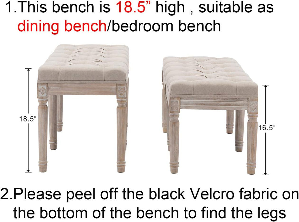 Kmax 45.3" Upholstered Dining Room Bench, Rustic Living Room Ottoman Bench with Carved Pattern & Rustic White Brushed Rubber Wood Legs, Beige