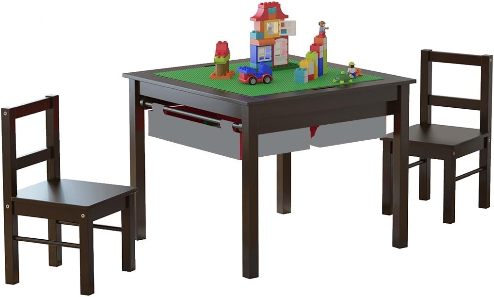UTEX 2 in 1 Kids Construction Play Table and Chair Set with Storage Drawers | Wooden Kids Building & Activity Table with Storage, Water-based Paint Finish, Built in Plate Compatible with Lego and Duplo B