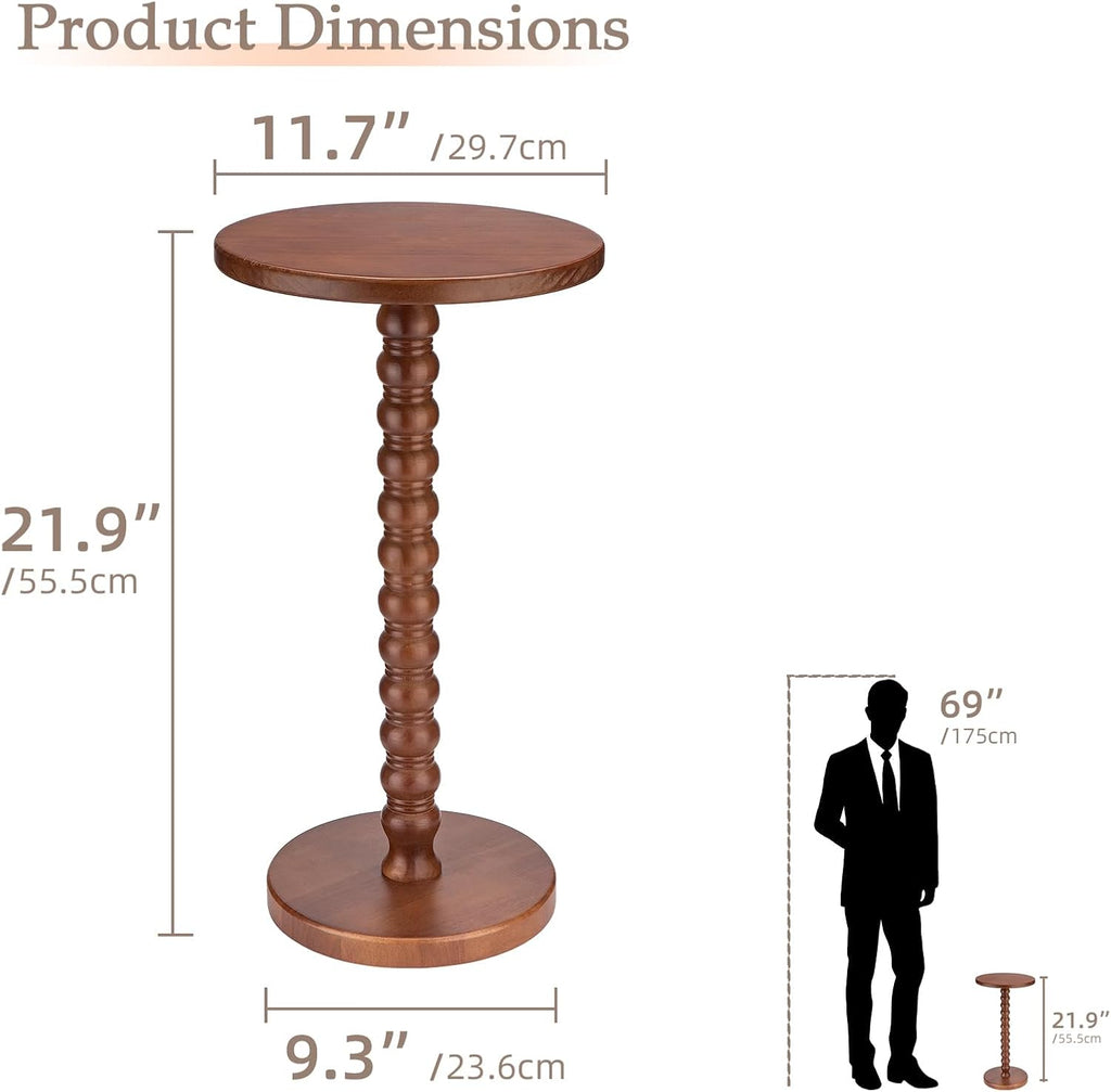 Solid Wood Round Side Table, Rustic Pedestal Drink Table for Small Spaces, Accent Nightstand Table for Living Room, Bedroom, Corners, and Office, Brown