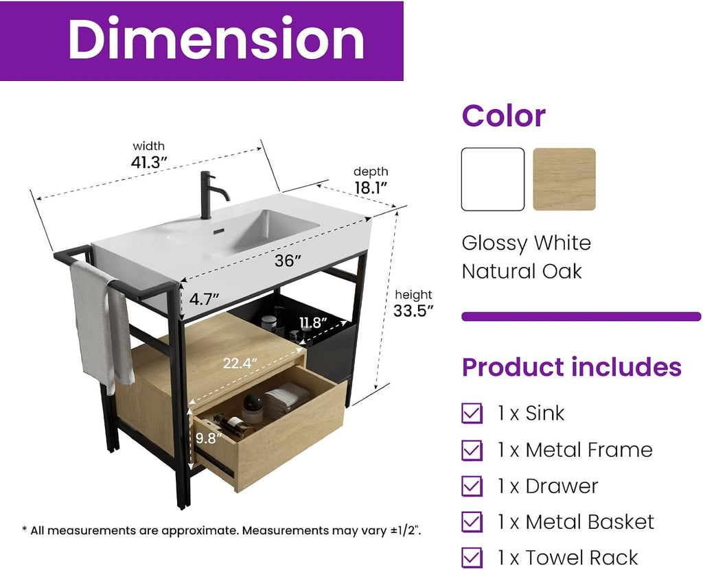36" Bathroom Console Sink with Metal Legs, Bathroom Vanity with White Sink, Storage Drawer and Metal Basket, Utility Sink for Hotel, Laundry Room, Garage, Basement