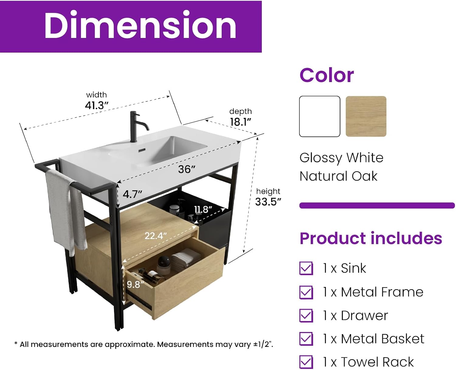 36" Bathroom Console Sink with Metal Legs, Bathroom Vanity with White Sink, Storage Drawer and Metal Basket, Utility Sink for Hotel, Laundry Room, Garage, Basement